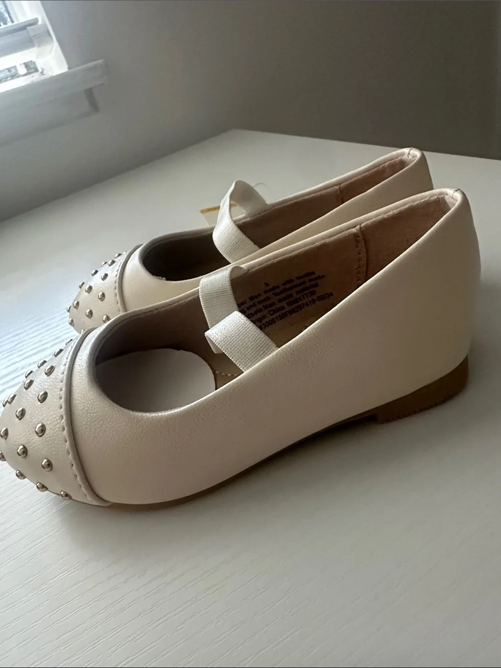 Girls Cream Mary Jane Flats with Gold Studs